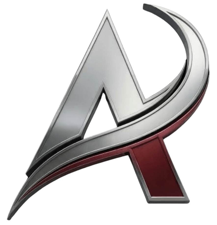 Versão 3D estilizada do logotipo da Avanti em metal cromado com detalhes em vermelho, posicionado sobre fundo escuro para destacar a robustez da marca.